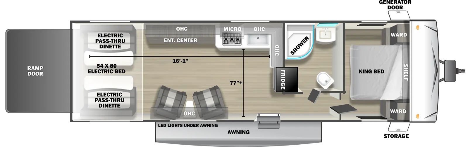The 2730RLX travel trailer has no slide outs, 1 entry door and 1 rear ramp door. Exterior features include an awning with LED lights, front door side storage and front off-door side generator door. Interior layout from front to back includes: front bedroom with foot-facing King bed, shelf over the bed, and front corner wardrobes; off-door side bathroom with shower, linen storage, toilet and single sink vanity; off-door side kitchen with L-shaped countertop, overhead microwave, overhead cabinets, sink and rear facing refrigerator; door side overhead cabinet over 2 recliners with end table; off-door side entertainment center with overhead cabinet; and rear 54 x 80 electric bed over electric pass-through dinette. Cargo length from rear of unit to kitchen countertop is 16 ft. 1 in. Cargo width from kitchen countertop to door side wall is 77 inches.